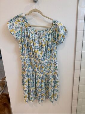 Frankie's Bikinis White Mini Dress with Blue and Yellow Floral Print